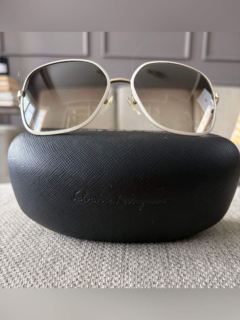 Salvatore Ferragamo Gold Metal Aviator Sunglasses, Gradient Brown Lenses